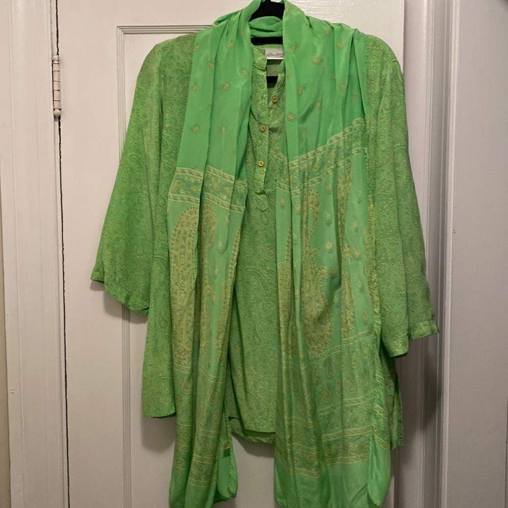 Christina India Lime Green Silk Shirt and Silk Scarf Combo - XL